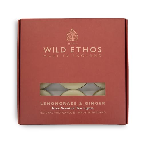 Wild Ethos Scented Tea Lights - Natural Wax - Long Lasting & Blended Natural Essential Oils - Pack of 9 - Made in The UK - Select Your Scent (Lemongrass & Ginger)