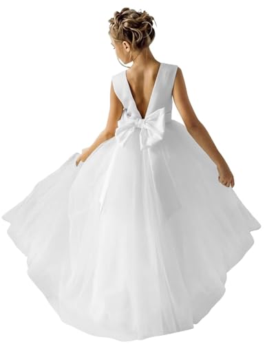 V-Back Flower Girl Dress for Wedding Satin Tulle Princess Pageant Dress Kids Pearls Prom Ball Gowns with Bow-Knot