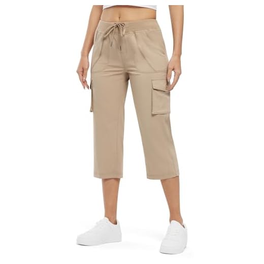 Rdruko Women's Cargo Capris Pants Lightweight Quick Dry Hiking Summer Casual Travel Pants with Pockets,Khaki, US L