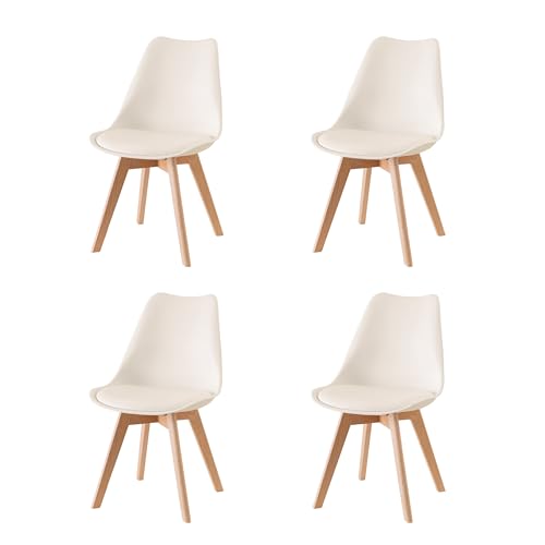 Baroni Home Silla de Comedor o de Trabajo con Patas de Madera, Silla Ergonómica con Cojín Integrado, 50X48X82 cm (Blanco, 4)