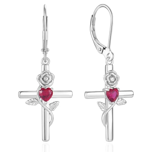 Sterling Silver Cross Earrings Rose Flower Dangle Earring Faith Religious Birthstone Jewelry for Women
