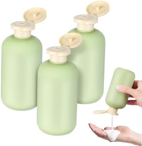Kichvoe 300ML Refillable Shampoo Conditioner Bottle Squeeze Bottles with Flip Cap Green Shower Bottles Plastic Travel Bottles for Lotion-3PCS