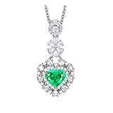 Women Necklaces Fashion, 18K White Gold Pendant Necklace Heart Shape with Diamond and Emerald 0.85ct with 45+5cm Extender Rolo Chain