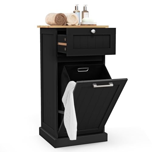 COSTWAY Meuble Salle de Bain avec Tiroir, Meuble Linge Placard 38L, Panier à Linge Amovible, Porte Basculante, Placard Rangement pour Salle de Bain,...