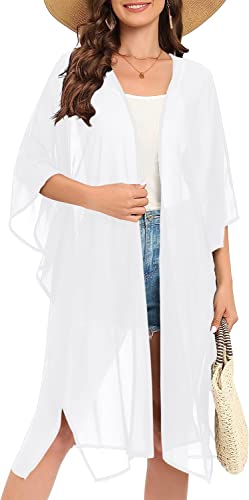 Image of Indian Trendy Women's Solid Puff Sleeve Kimono Long Cardigan Loose Cover Up Casual Blouse Top Chiffon