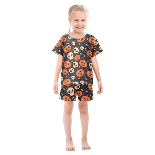 ALAZA Skeleton Halloween Pumpkin Pajamas Set Short Sleeve Cotton Sleepwear Summer Pjs 2 Piece 5-14Y3