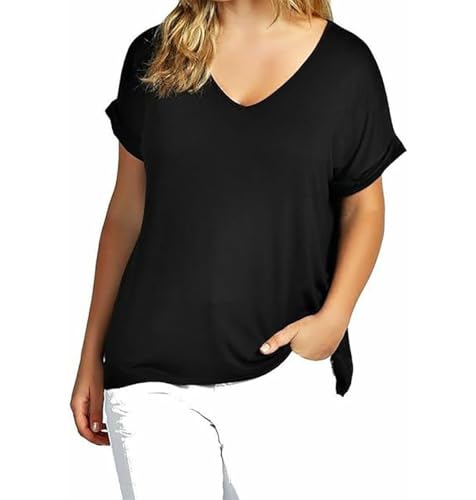 RIDDLED WITH STYLE Ladies Turn Up Sleeve Tunic V Neck Summer Top Womens Plain Printed Short Sleeve Baggy T-Shirt Black UK 20-22