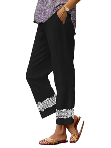 Wide Leg Linen Pants for Women Plus Size Summer Boho Floral Pants Drawstring Elastic Waist Palazzo Pants