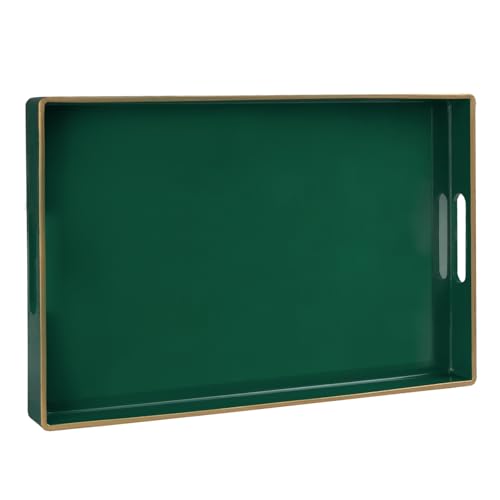 MAONAME Dark Green Decorative Tray, Serving Tray with Handles, Plastic Trays for Coffee Table, Rectangular Trays for Living Room, Bedroom, 15.8