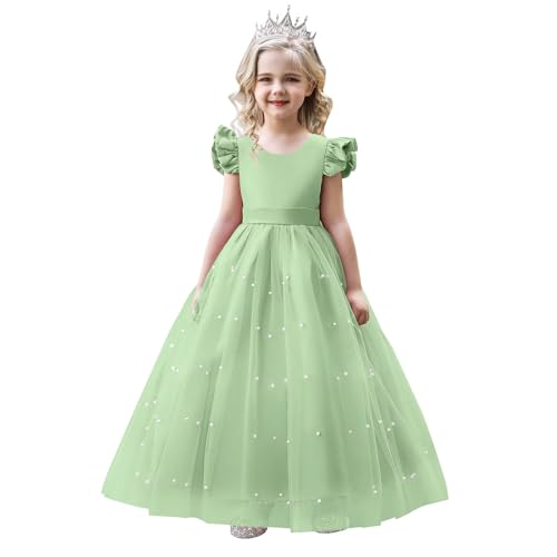 Flower Girl Dress Flying Sleeve Girls Pageant Dresses Pearls Tulle First Communion Dress V-Back Wedding Formal Ball Gown with Bow, Grey Green 5