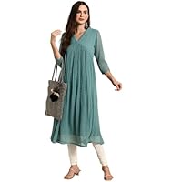 Janasya Women’s Green Poly Chiffon Self Design Flared Kurta