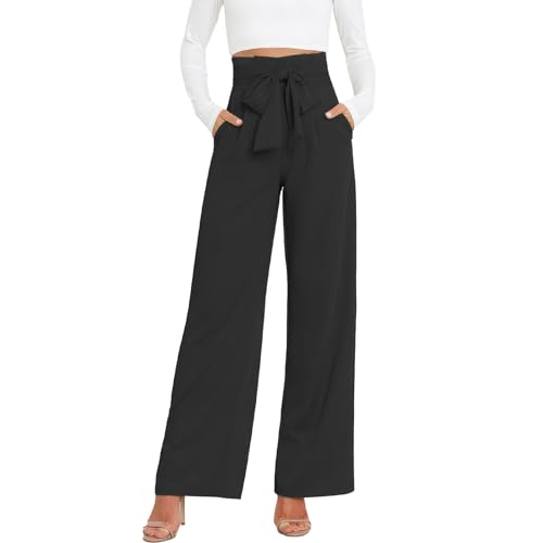 MGizo DtiSpectrum Pantalón de Traje de Pierna Ancha para Mujer - Elegantes Pantalones de Vestir de Cintura Alta con Cinturón de Nudo de Lazo Ajustable, Pantalones de Pierna Recta con Bolsillo