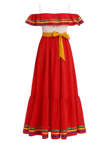 Mexikanisches Kleid für Damen, Cinco De Mayo Fiesta, schulterfrei, Rüschenkleid, Gürtel, Sommer, Strand, Farbblock, Regenbogenstreifen, Rew White, XXL