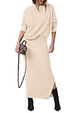 PRETTYGARDEN Women's Two Piece Matching Sweater Sets Knit Long Sleeve Pullover Tops Bodycon Long Maxi Skirts Fall Outfits (Beige,Medium)