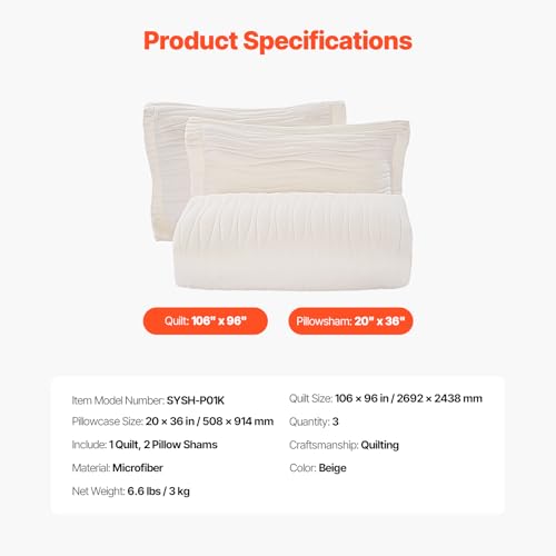 Image of VEVOR King Quilt Set, 3-Piece Lightweight Comforter, Microfiber King Size Bedding Set, Beige Bedspreads with 1 Quilt and 2 Pillow Shams, Lightweight Bedspread Coverlet Bedding Set, for All Season