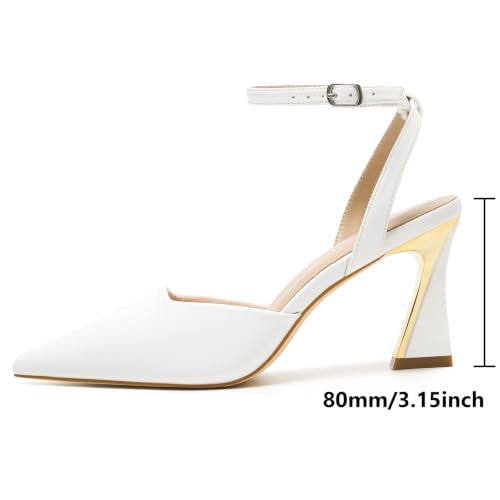 Image of RIBONGZ Comfortable Kitten Heels for Women Pointed Closed Toe Ankle Strap Buckle Heels Slip on Low Heel Church Pumps Wedding Bridal Party Dressy Shoes