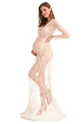 AYMENII Boudoir - Vestido de encaje de manga larga para maternidad, vestido de baño con leche, vestido de sesión de fotos, vestido sexy para mujer con cuello en V profundo, Beige, Large
