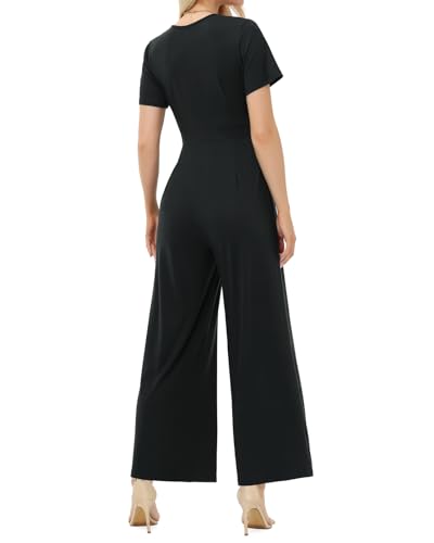 Tanmolo Damen Jumpsuit Elegant Sommer Kurzarm V-Ausschnitt Overall Weites Bein Romper Mit Taschen Schwarz, M