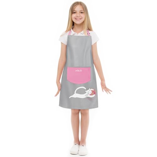 Viedouce kochschürze Kinder mit Tasche, Wasserdicht schürze für Kinder, Verstellbare Küchenschürze Schule Jungen Mädchen für schulgarten Basteln Bemalen Backen Kochen(4-13jahre) (Rosa)