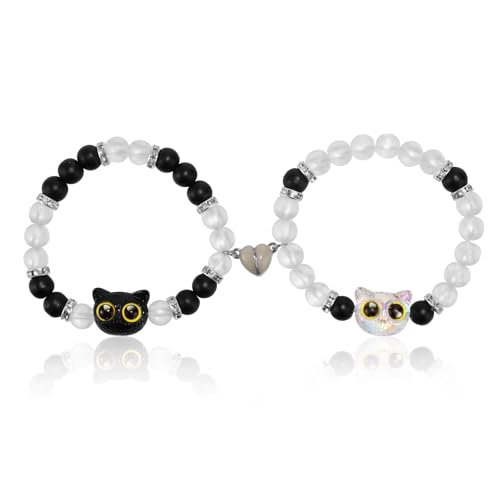 Lyreh 2stk Katzen Passende Armbänder, Acryl Paar Freundschaftsarmbänder Magnetisch Elastisch Niedlich Passende Katzenarmbänder für Paare Freunde Geschenk im Y2k-Stil(Schwarz & Weiß)