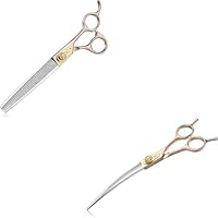 JASON Profi Set Roségold Hundeschere 7 Zoll - Gebogene Schere & 54Z Effilierschere - Japanischer 440C-Edelstahl mit Sicherheitsspitze & Gummipuffer - Fellpflegeset für Konturen & Ausdünnen - Für Hunde