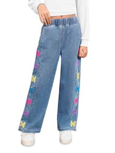 Haloumoning Girls Butterfly Print Jeans Kids Elastic Waist Wide Leg Denim Baggy Pants with Pockets 5-14Y
