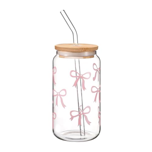 HSMHLYYB Gobelet en Verre avec Couvercle et Paille, Élégant Gobelet à Nœud, Verres à Cocktail, Verre Polyvalent et Élégant, Verres Canette, Tasses à Café Glac de 16 Oz pour Eau, Café, Cocktail, Soda