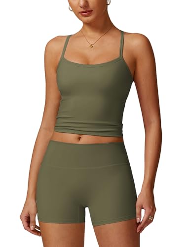 Image of ABOCIW 2 Pieces Workout Sets for Women, Cross Back Tank Top Matching High Waist Biker Shorts, Gym Yoga Pilates Outfits