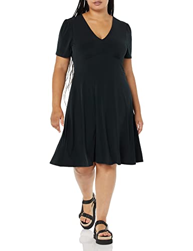 Image of Amazon Essentials Women's Short Sleeve V-Neck Gathered Flattering Fit and Flare Dress