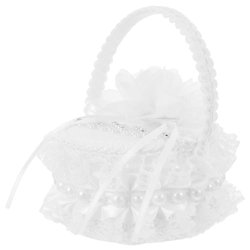 VICASKY Boîte à Alliances Brodée Anse en Perle, Coussin Rond de Cœur, Panier de Demoiselle d'honneur en Dentelle Blanche, Porte-alliances pour Mariage,...