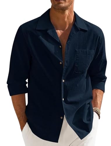 HEMILIQUE Men’s Casual Cotton Blend Shirt || Long Sleeve Button Down with Spread Collar || Lightweight Breathable Fabric || Stylish Solid Color Shirt for Beach, Office & Everyday Wear Navy