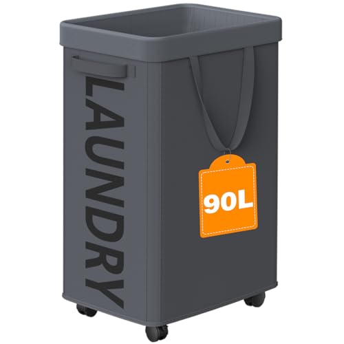90L Rolling Laundry Basket with Wheels, 29 IN Hamper with Wheels and Removable Mesh Bag, Grey Laundry Baskets on Wheels for Bedroom, Dorm, Clothes Hamper Organizer