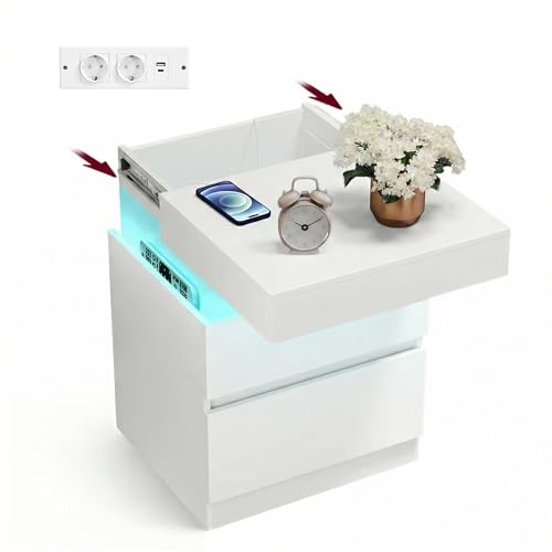 VASAGLE Kailyn Collection - Table de Chevet, avec Multiprise, Couvercle Coulissant, 2 Tiroirs, Bande LED, Petite Table d’Appoint, Style Moderne, 35 x 40 x 55...