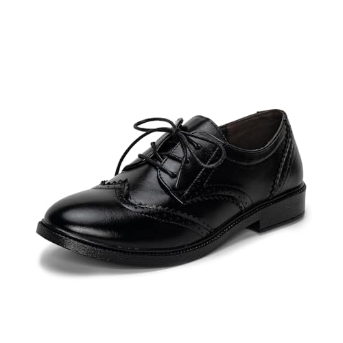 Zapatos de oficina para mujer con punta de ala Oxfords de charol con cordones y tacón bajo, zapatos planos de negocios, zapatos planos vintage para mujer, Black, 39.5 EU