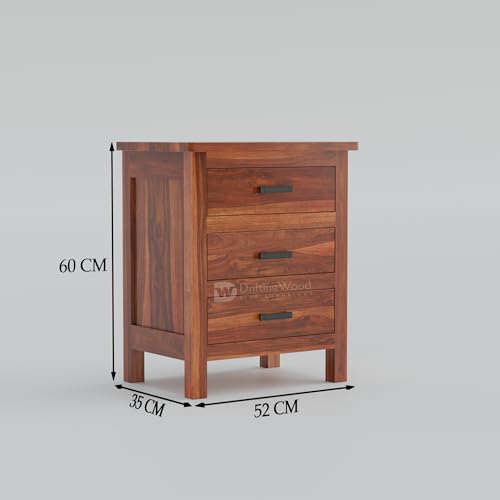 Image of DRIFTINGWOOD Roovi Solid Sheesham Wood Bedside Table with 3 Drawers | Wooden Nightstand /Side Table for Bedroom & Living Room (Honey Finish)