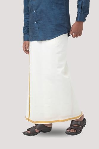 Image of Adjustable Velcro with Pocket Cotton Dhoti with Gold Jari Border, For Men (28 to 44 inches)