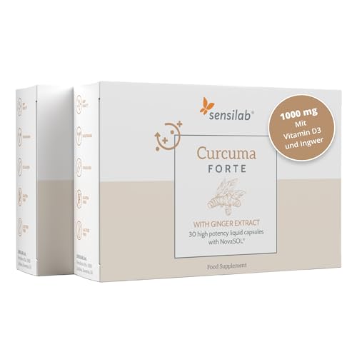 Sensilab Curcuma Forte - Kurkuma Kapseln Hochdosiert 1000 mg, Vitamin D3, Ingwer - 60 Curcumin Kapseln Hochdosiert, 185x höhere Bioverfügbarkeit