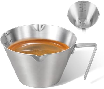 1Pc Stainless Steel Espresso Cups, Double Spout Metal Measuring Cup with Dual Scale, Espresso Shots Cup with Handle, 3.4oz/100ml