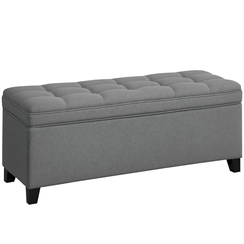 HOMCOM Banc de Rangement 112L Banquette Bout de lit Coffre de Rangement avec siège capitonné, Tissu de Lin, pour Salon, Chambre, entrée, 120 x 40 x 48 cm, Gris foncé