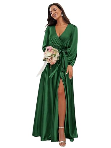 Silk Satin Long Sleeve Dresses Emerald Green V Neck Wrap Formal Maxi Dress