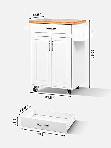 Kealive Kitchen Island on Wheels, Rolling Kitchen Cart with Spice Rack Towel Rack, with Large Drawer and Storage Cabinet, Solid Rubber Wood Top, White, 31.5L x 18.9W x35.4H