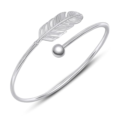 AILUOR 925 Silver Leaf Feather Bangle Bracelet Bohemian style Fashion Charms Bracelets Jewelry Cuff Women Adjustable