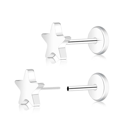 ZDE Women Earrings Threadless Flat Back Star Earrings Titanium Hypoallergenic Cartilage Non-Nickel Pink Push Back Earrings Studs for Sensitive Ears Simple Classic Earstuds
