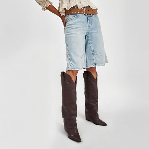 Women's Shark Studded Fold Over Knee High Boots Tall Pull-on Snip Toe Cowboy Cowgirl Slouch Boot Dress