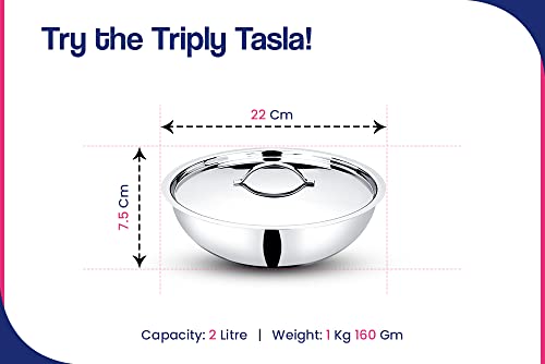 Image of Bhalaria Triply Stainless Steel Tasla with Lid & Handle 22cm 2 Litre | Induction Base Heavy Bottom Patila Tope Bhagona | Food Grade Deep Cooking Vessel | Gas Compatible | Dishwasher Safe