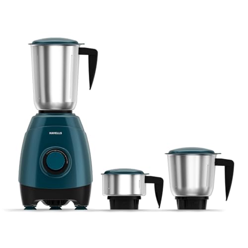 Havells ESO 750 Watt Mixer Grinder | 3 Stainless Steel Jars with Handles | 304 Rust-Resistant SS Blades | 21000 RPM High-Speed Motor | 5-Year Motor Warranty | Heavy-Duty Mixie (Teal)
