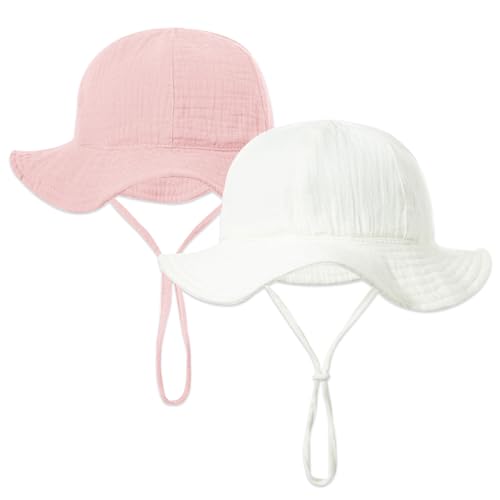 EDLMKM 2 Pcs Baby Girl Sun Hat, Newborn Soft Cotton Bucket Hats, Toddler Cotton Beach Hat, with Adjustable Chin Strap, for 3-12Months