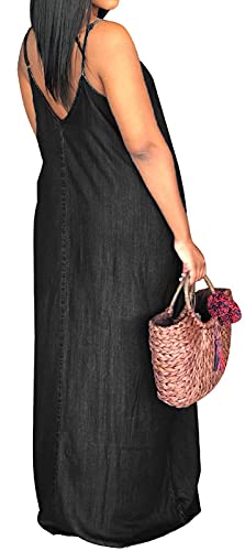 Image of SeNight Women's Sexy Maxi Denim Dresses Casual Spaghetti Strap Striped Long Sundress Wiht Pockets