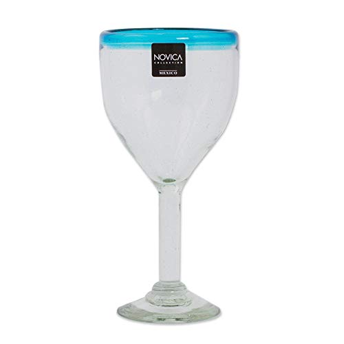 Novica Handblown Wine Glasses With Aqua Rim - 11 Oz Capacity - Made With Recycled Blue And Clear Crystal Glass, Aquamarine Kiss' #TOP3