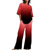 LOIJMK Mujeres Adecuado O Suelto Manga Corta Floral Print Top Camisa Con Pantalones De Gran Tamaño 2 Conjunto Pijama Mujer Divertido, rojo, XL
